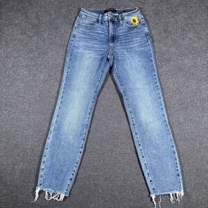 Judy Blue Jeans Women's 3/26 Relaxed Fit Raw Hem Blue Embroidered Sunflower Boho